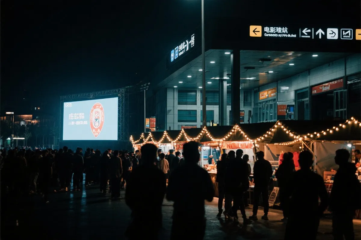费城球迷广场夜景：大屏观赛人群、步行指示牌与公共交通入口